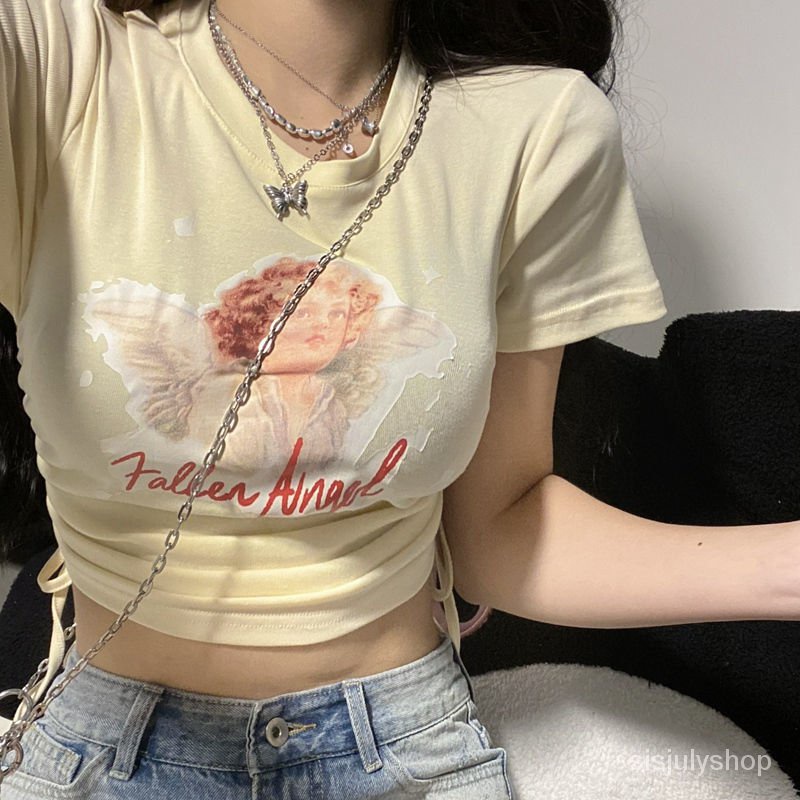 [✅BISA COD] #Sisjuly# Atasan Y2K wanita / kaos lengan pendek leher bulat dasi serut motif kerub / at