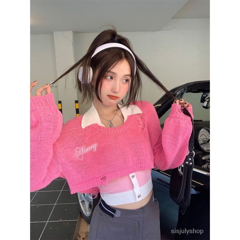 [✅BISA COD] #Sisjuly# Sweater rajutan rajutan lengan panjang berlubang merah muda berongga / pullove