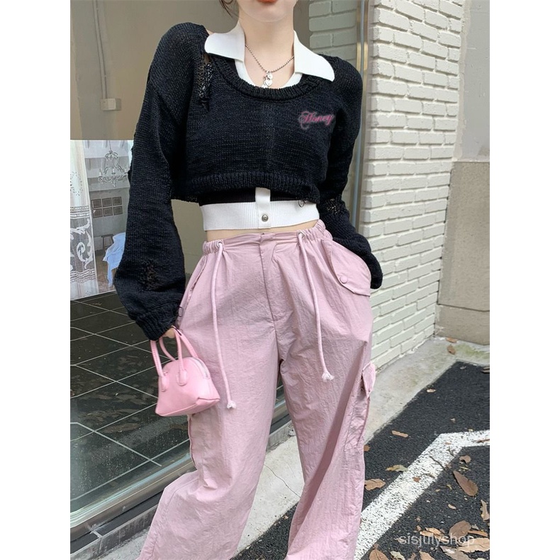 [✅BISA COD] #Sisjuly# Sweater rajutan rajutan lengan panjang berlubang merah muda berongga / pullove