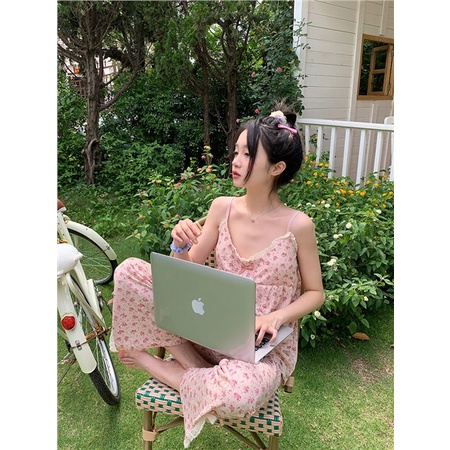 ▼∋∈stelan baju tidur wanita Xinbangbang Homedress sweet floral pajamas with chest pad suspenders female students trousers home service suit summer #COD baju tidur wanita bahan kaos