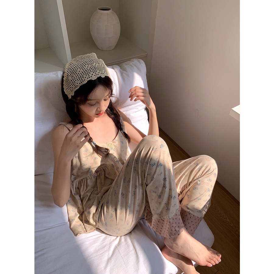 ↂ✹stelan baju tidur wanita Xinbangbang Homedress floral suspenders trousers home clothes pastoral style light and comfortable outerwear pajamas for women summer #COD baju tidur wanita bahan kaos