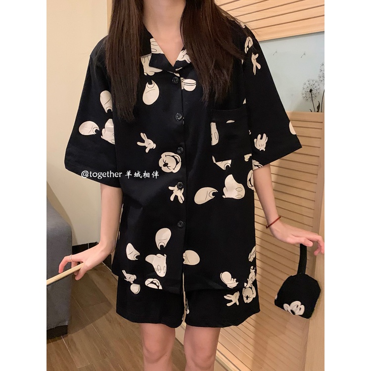 ▤stelan baju tidur wanita ins wind Korean Disney black Mickey pajamas female summer cotton cute short-sleeve thin section home service set #COD baju tidur wanita bahan kaos