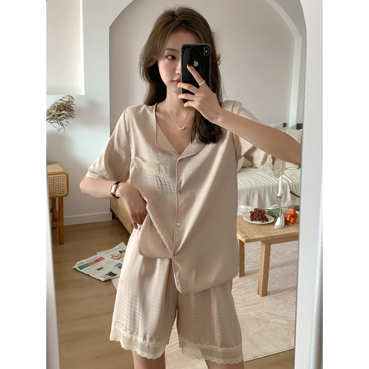 ☞ﺴstelan baju tidur wanita pajamas summer women s ins ice silk thin short-sleeved suit new black houndstooth high-quality lace home clothes #COD baju tidur wanita bahan kaos