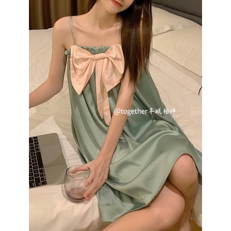 ✴stelan baju tidur wanita Korean high-end nightdress women s summer ice silk baru 2023 solid color bow girl thin section suspender dress #COD baju tidur wanita bahan kaos