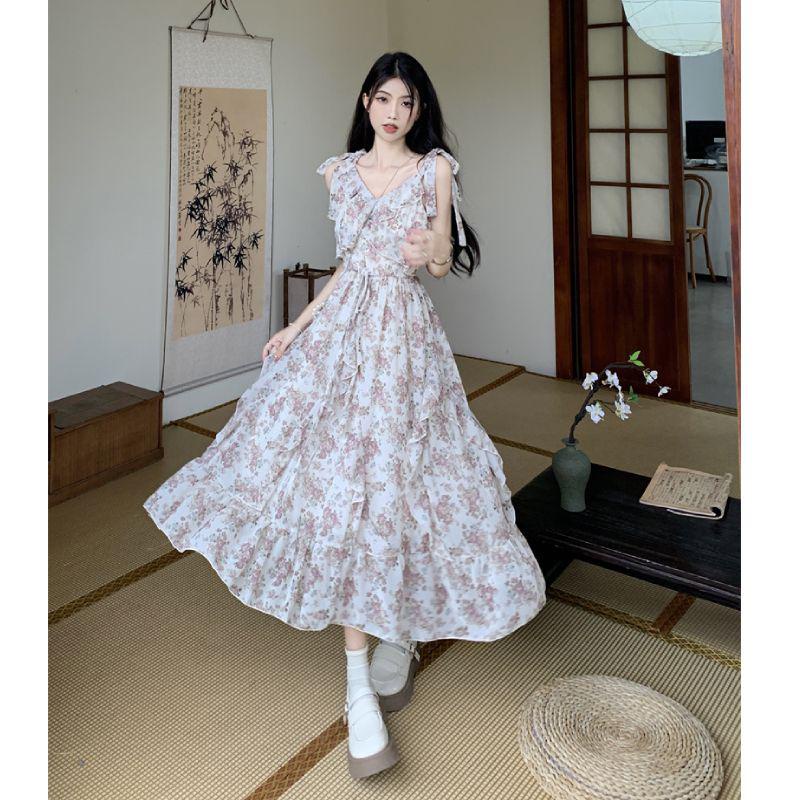 dress floral korea Rok Suspender Elegan Kerutan Prancis+Gaun Kardigan Wanita, Rok Setelan Musim Pana