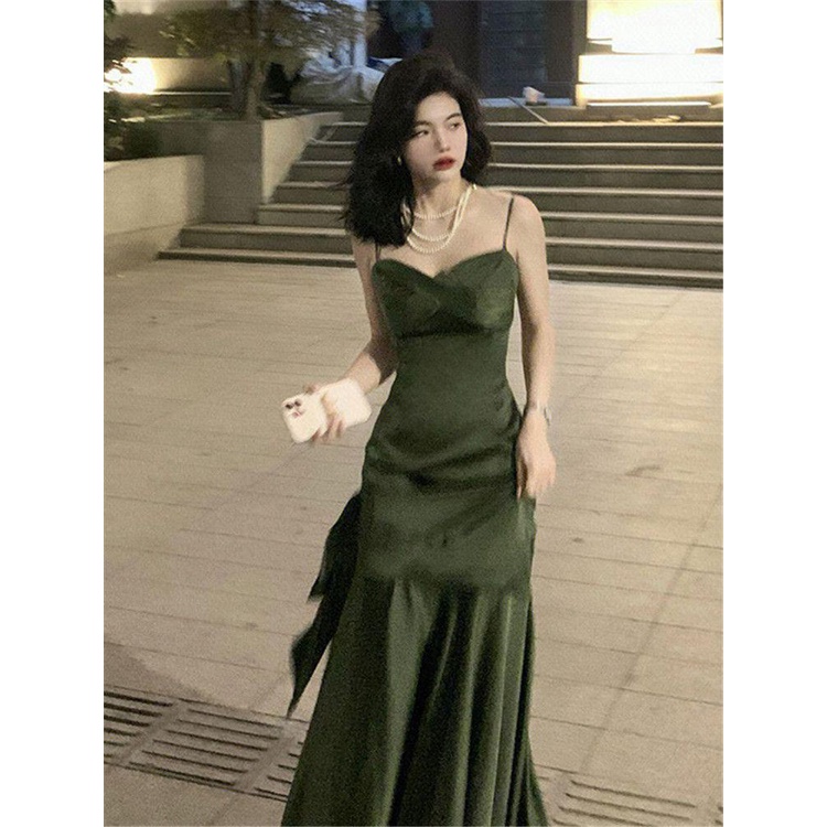 dress floral korea Dress Tali Rok Backless Wanita, Gaun Hijau Besar2023Dress Formal Elegan Ketat Pin