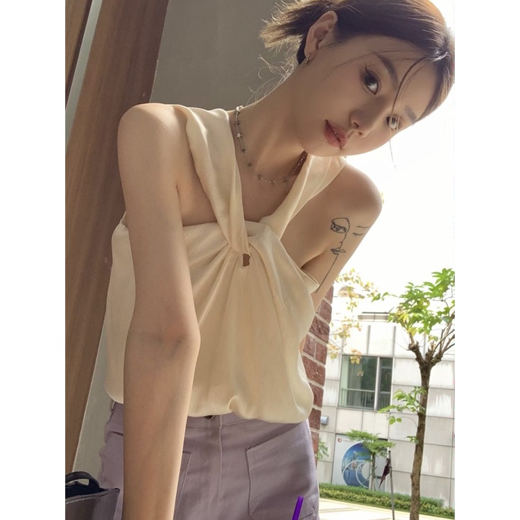 ¤Suhao white halter neck camisole women s summer hot girl off-shoulder bottoming shirt dengan design sense of niche inside and outer memakai crop top sexy tank top motif wanita