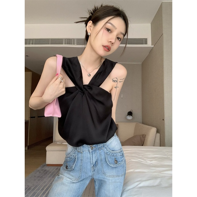 ¤Suhao white halter neck camisole women s summer hot girl off-shoulder bottoming shirt dengan design sense of niche inside and outer memakai crop top sexy tank top motif wanita