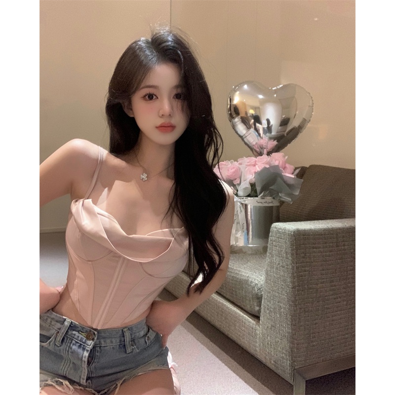 ◆✘Suhao Babes Seksi Tulang Ikan Pinggang Kamisol Wanita Musim Panas Diri Budidaya Keinginan Murni Gaya Pendek Tidak Beraturan Atasan Crop Top Seksi tank Top Wanita Motif