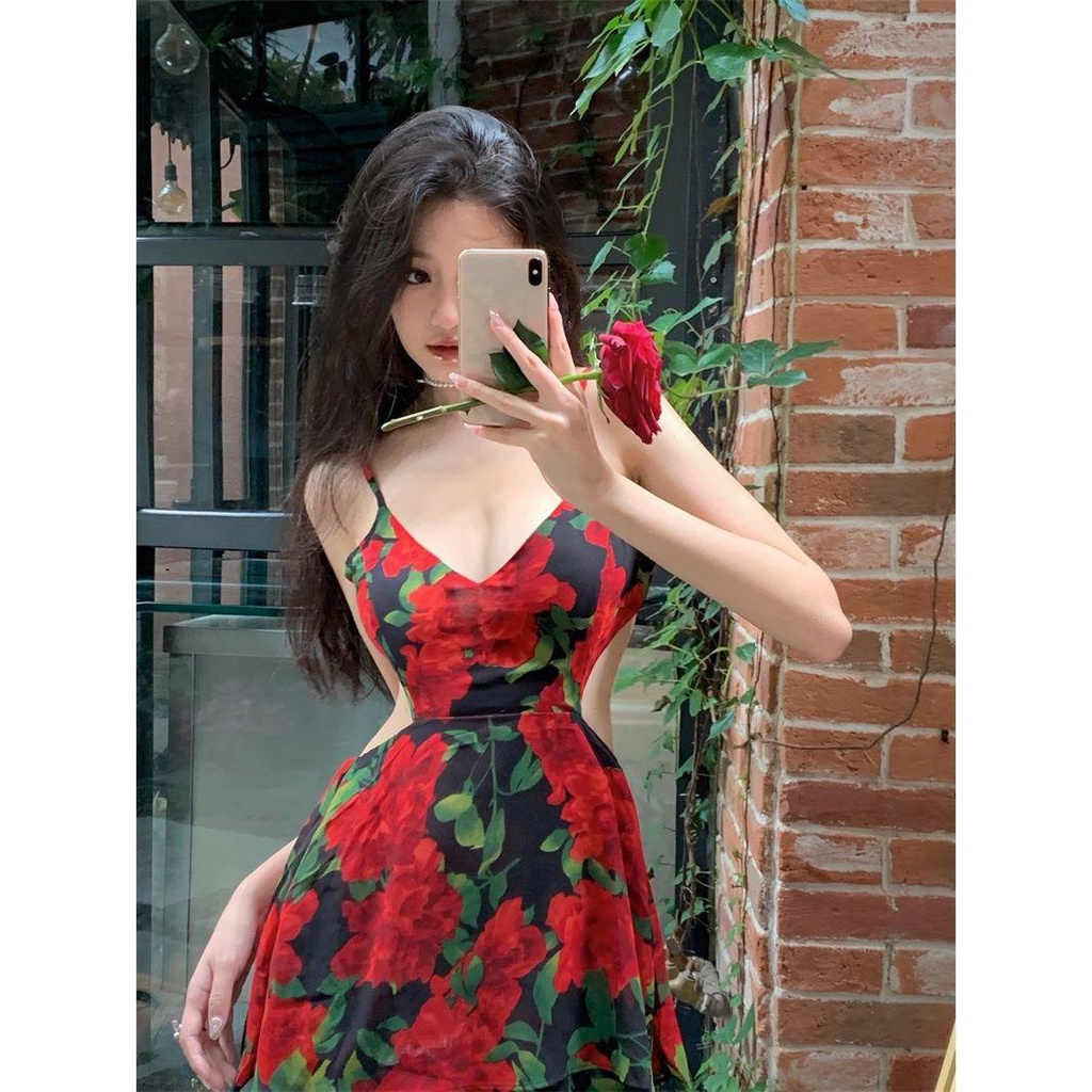 Gaun Suspender Sifon Perancis Wanita, Gaun Midi Pinggang Ketat Motif Bunga Mawar Merah Musim Panas m