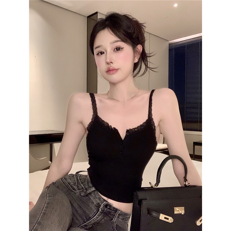 ✇❣Suhao Pure Desire Kamisol Putih Wanita Musim Panas Renda Ramping Ramping Pendek Seksi Top Memakai Crop Top Sexy Tank Top Wanita motif