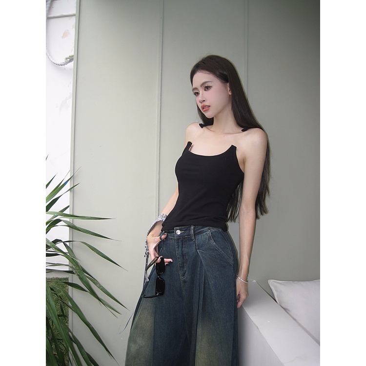 ✁▩✺Suhao hitam tak terlihat kamisol wanita musim panas seksi desain mesin hati-hati niche slim fit inner top top pakaian luar crop top sexy tank top wanita motif