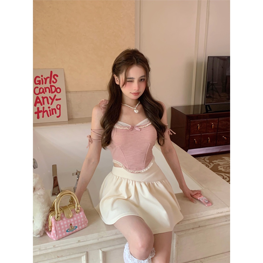 ✲♙Suhao pink manis hot gadis kamisol top wanita musim panas gaya balet setelan pinggang tinggi rok a-line celana dua potong set crop top sexy tank top wanita motif