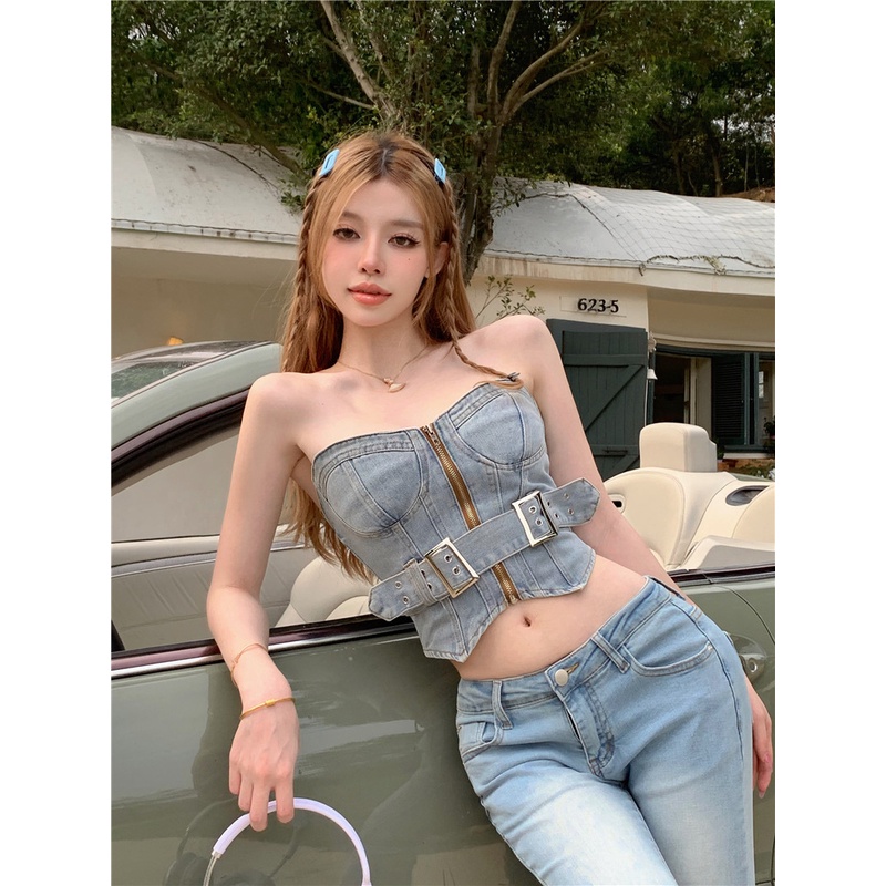 ■◙✔Suhao gadis panas yang manis dan keren retro denim tube top rompi wanita musim panas desain ceruk pinggang seksi top memakai bungkus dada crop top sexy tank top wanita motif