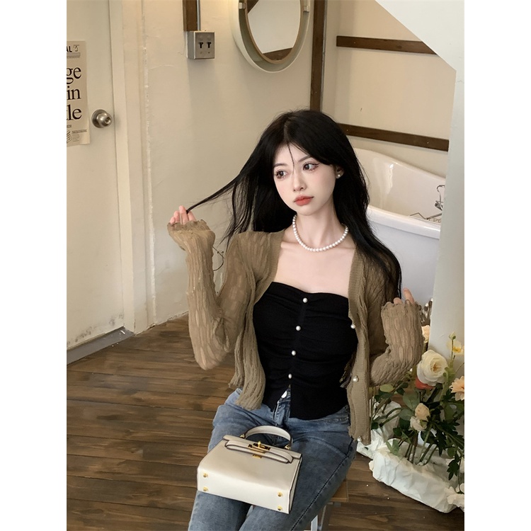 ◄Suhao tipis rajutan cardigan kecil wanita musim panas sisi jamur lembut desain ceruk top slim fit jaket perlindungan matahari pendek crop top sexy tank top wanita motif