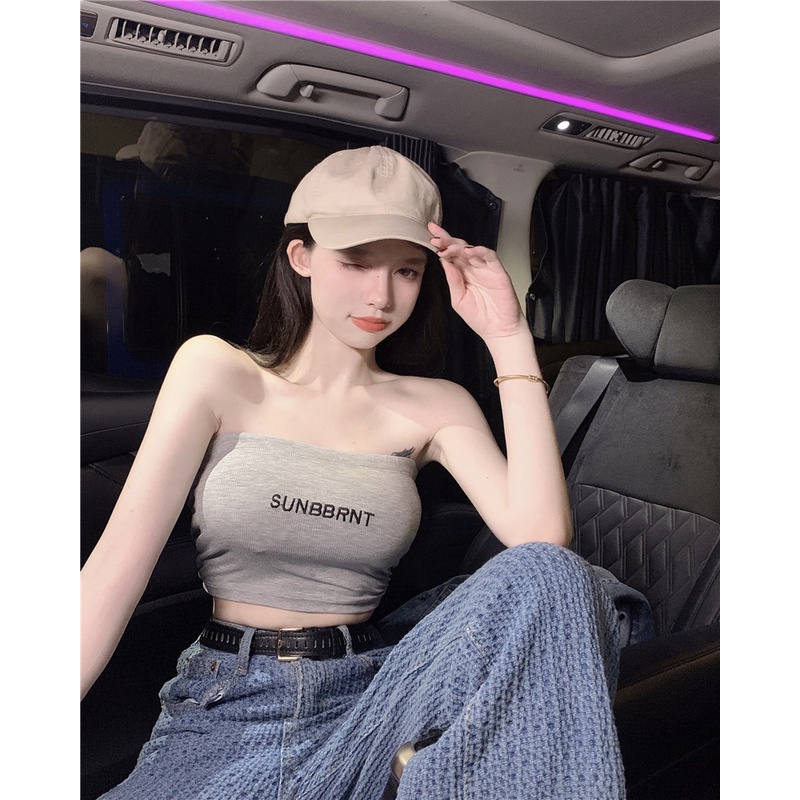 ♤₪┅Suhao tube top rompi kecil wanita musim panas hitam strapless sexy hot girl anti-skid outer wear inner wrap chest underwear top crop top sexy tank top wanita motif