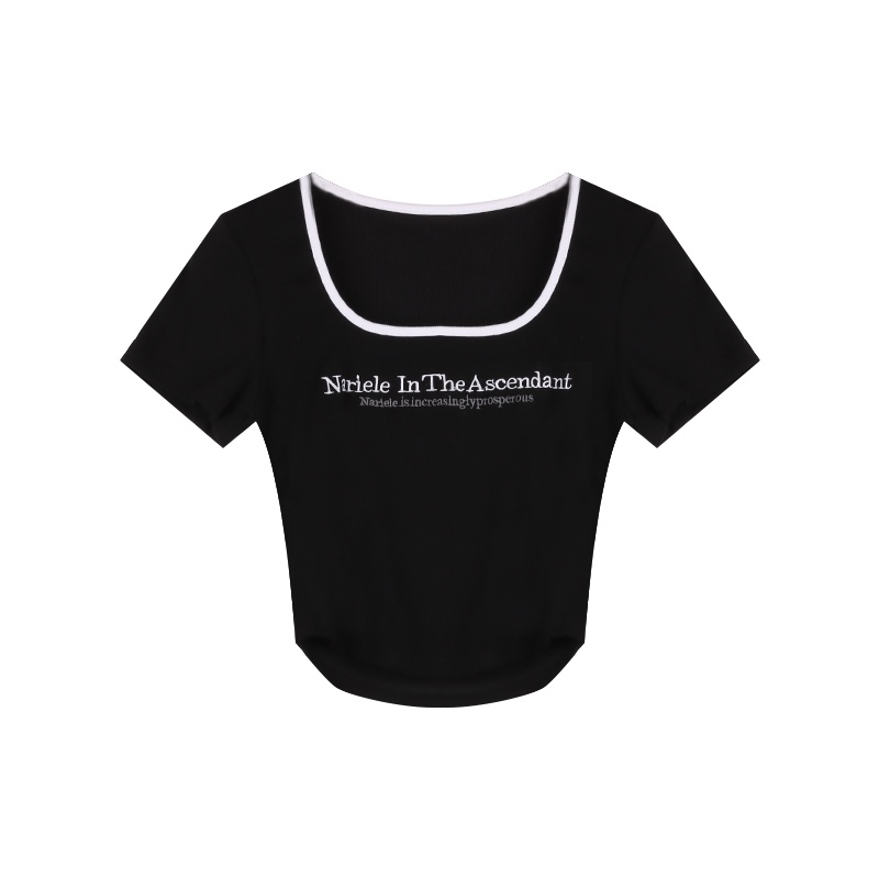 Red dreesT-shirt lengan pendek wanita hitam slim kerah persegi kemeja bottoming musim panas hot girl gaya Amerika crop top