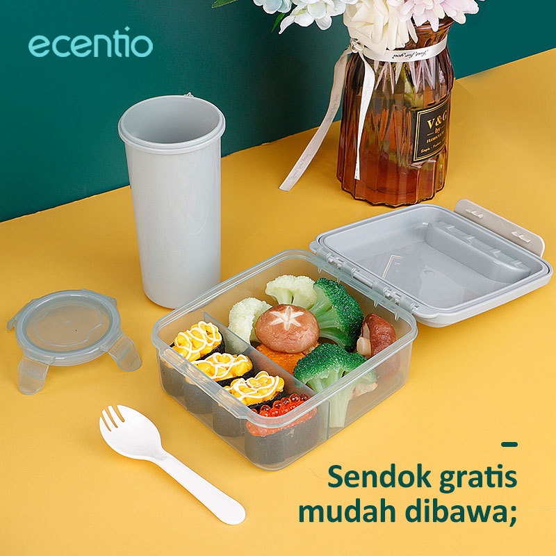 ecentio 4 Grid tempat makan lunch box set anti tumpah/kotak makan portabel/dan botol air minum/tas bekal lunch bag