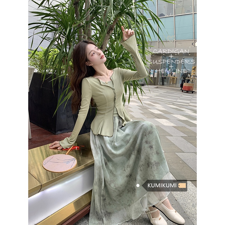 Red Baru Cina Zen Suit Kamisol Wanita Tabir Surya Cardigan Top Musim Panas Pinggang Tinggi Tinta Rok Set Tiga Potong