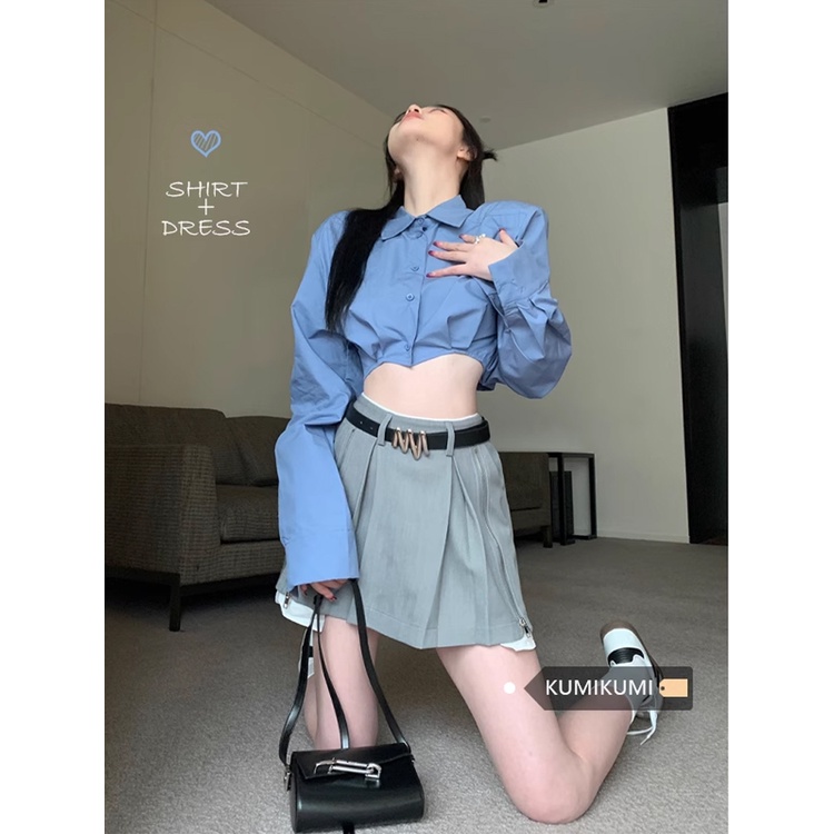 Red Salt Wear Suit Wanita Manis Gadis Panas Pendek Kemeja Lengan Panjang Musim Semi Rok Pinggang Tinggi Set Dua Potong