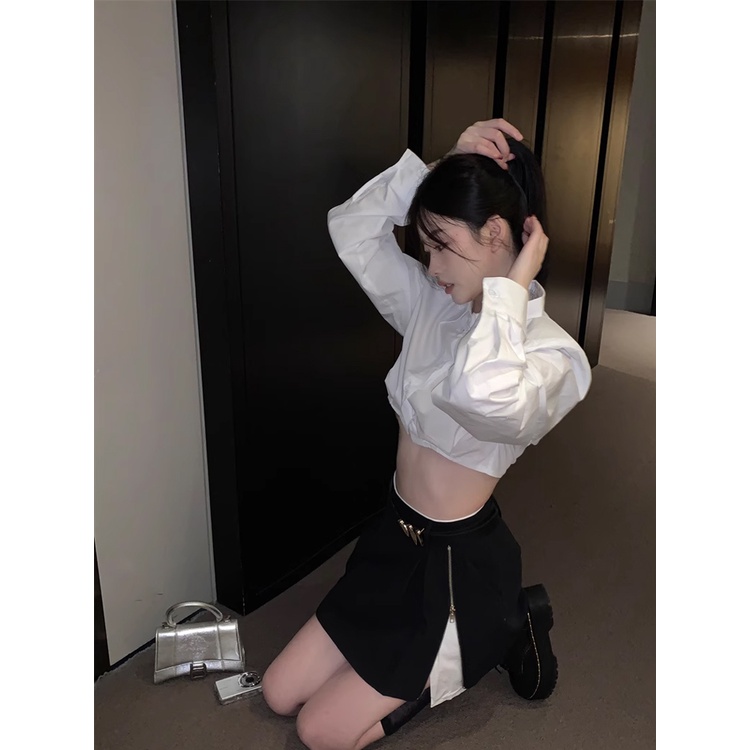 Red Salt Wear Suit Wanita Manis Gadis Panas Pendek Kemeja Lengan Panjang Musim Semi Rok Pinggang Tinggi Set Dua Potong