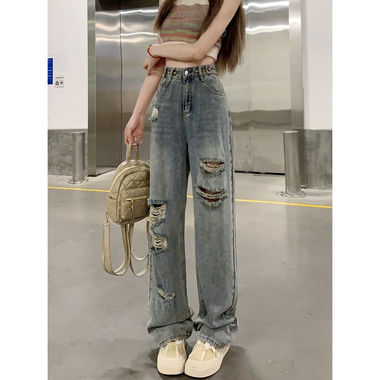 Red American retro high-waist jeans robek lurus-kaki celana wanita musim panas longgar lebar-kaki celana ramping mengepel celana panjang celana