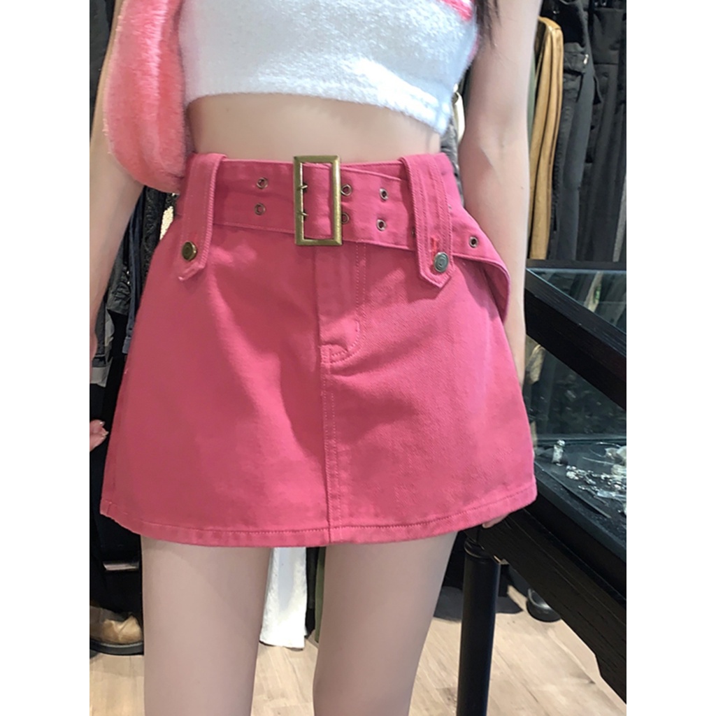 Red Hot girl A-line bag hip skirt summer anti-light skirt high waist short skirt slim denim skirt female pink skirt trendy