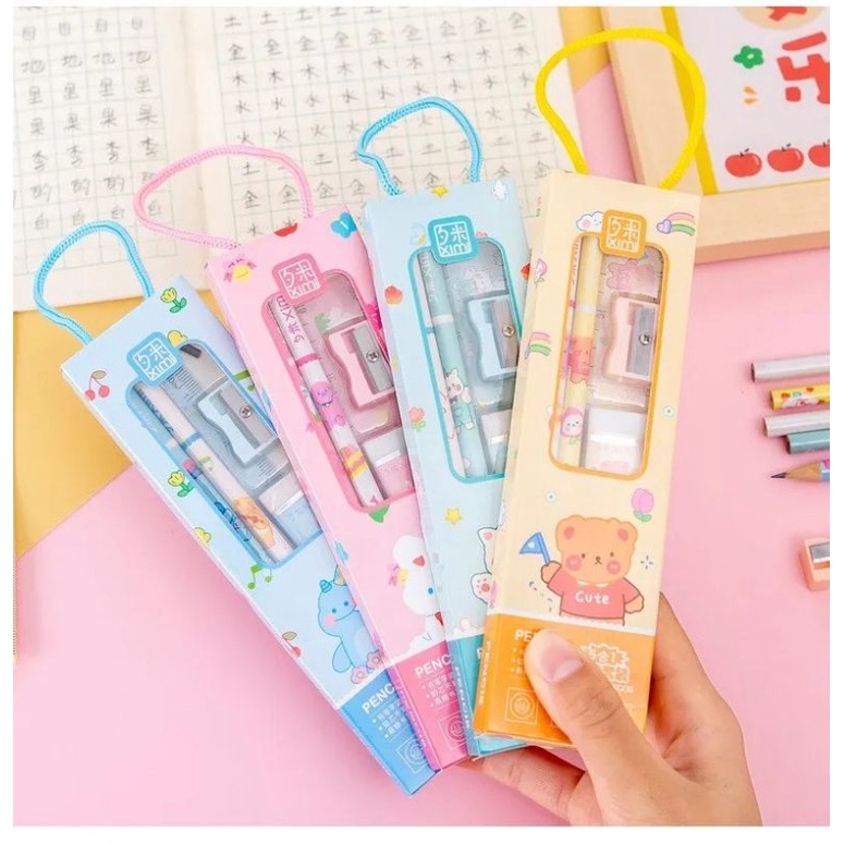 

Set alat tulis perlengkapan minimalis penggaris rautan penghapus 1 set isi 5 lucu