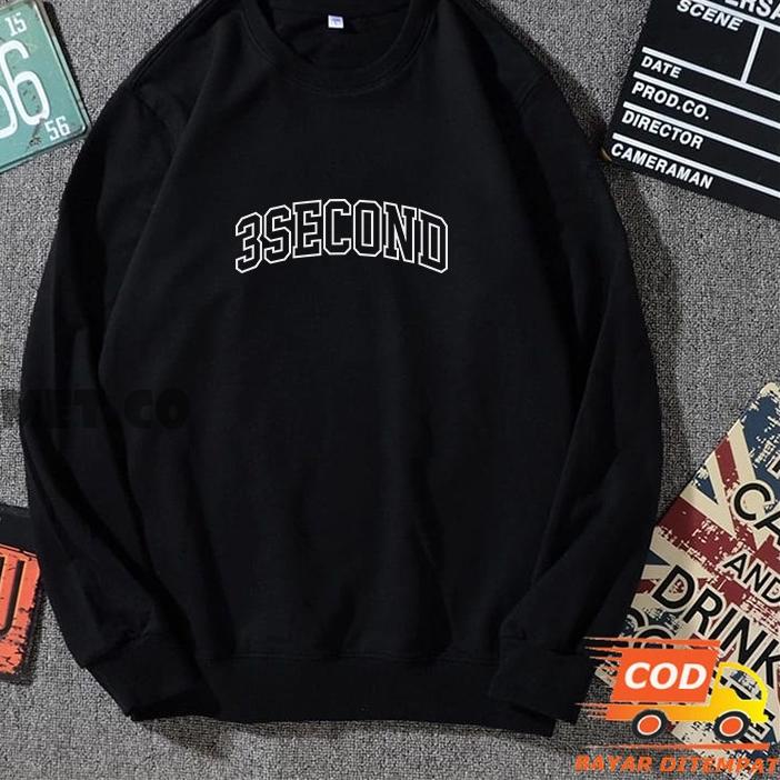 Original Sweater Crewneck Black 3second Pria Wanita Motif Kasual Bahan Tebal Nyaman Dipakai - Hitam 