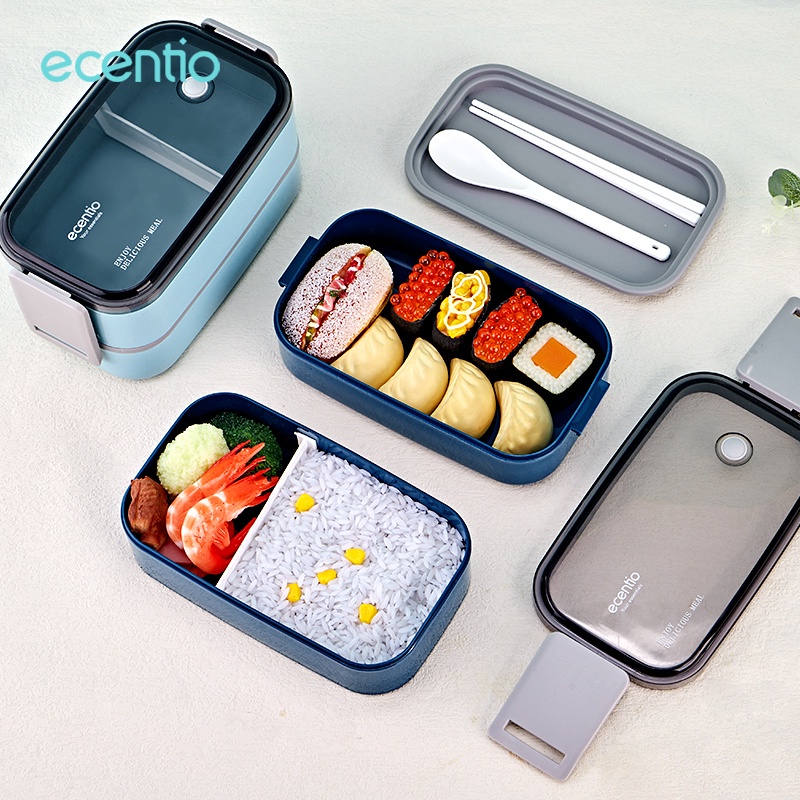 ecentio Kotak Bekal Anti Bocor Kotak Makan 2 susun 1600ml Dark biru tempat makanan Double layer Bento lunch box set Free sendok&amp;sumpit warna