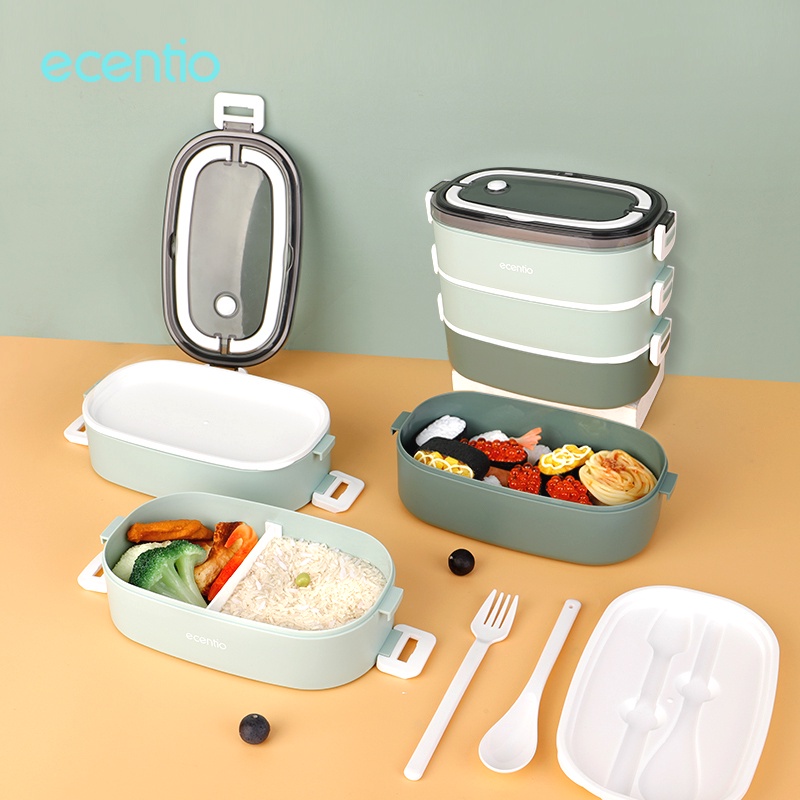 ecentio 2/3 susun kotak makan tempat makanan anti tumpah bento box tepak makan lunch box set free sendok