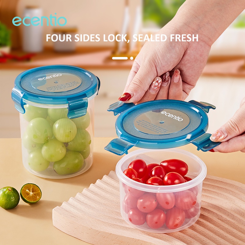 ecentio organizer box toples food container box 300/500ml 2pcs biru plastik Kulkas Refrigerator sealware Penyimpanan Makanan mpasi Bayi round transparent