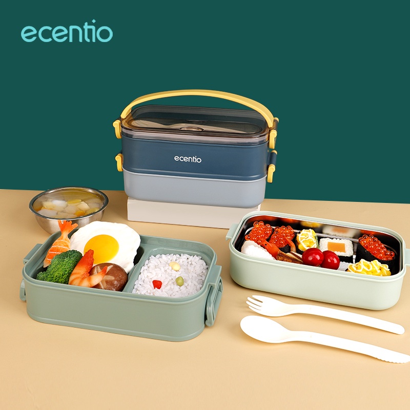 ecentio lunch box tahan panas anti bocor tempat makan stainless steel 2 susun 1200ml dan mangkuk stainless/kotak makan siang free sendok