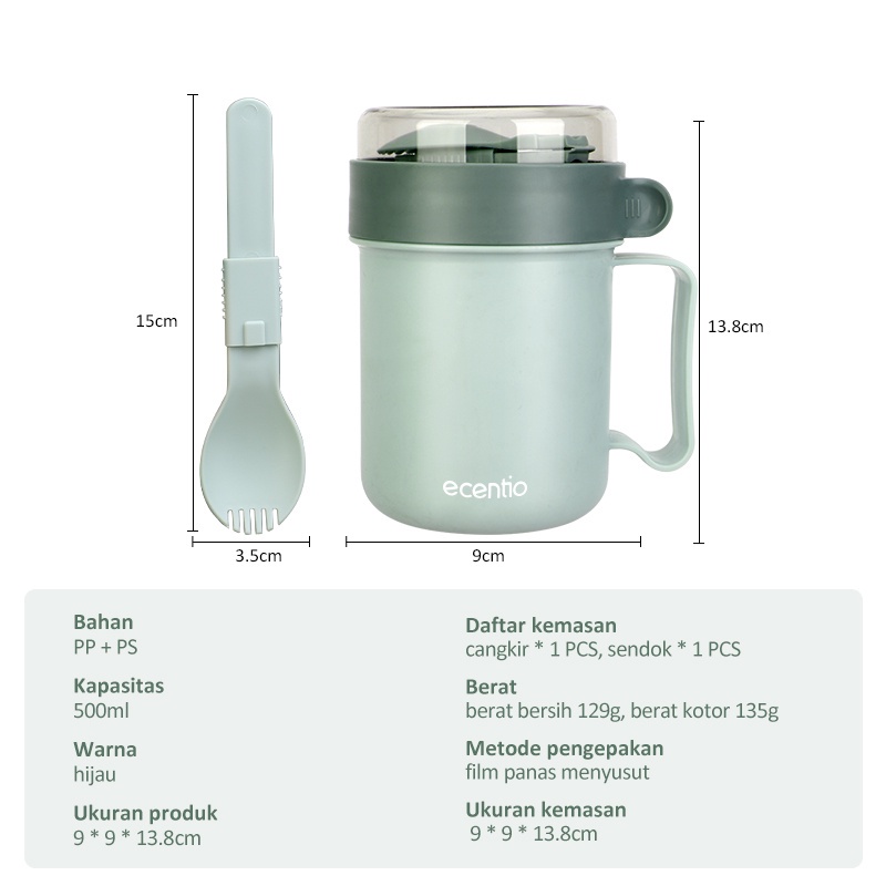 ecentio 500ml Tempat sup tempat sup Anti Tumpah/ Kotak makan sup Portable mug Free Sendok BPA Free