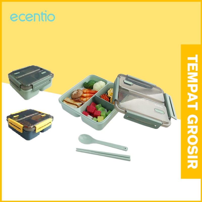 ecentio kotak makan anti tumpah 3 sekat Lunch Box 1100ml tepak makan free sendok&amp;sumpit