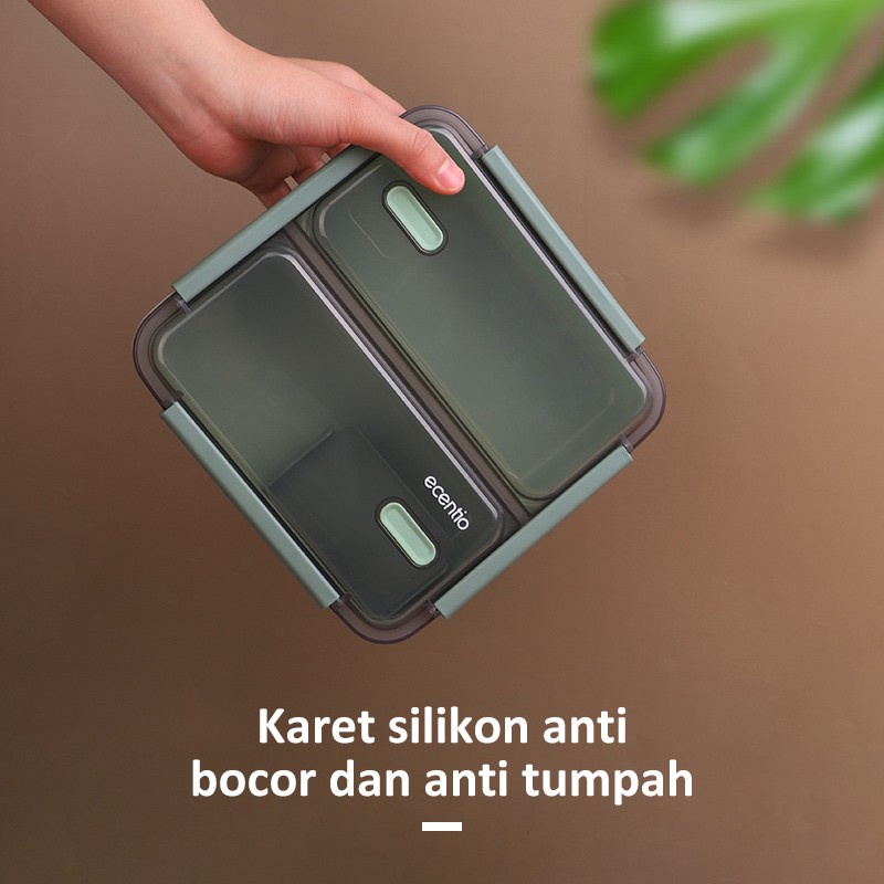 Ecentio 1100ml 3 grid lunch box anti bocor/ anti percikan kotak makan / free sendok&amp;sumpit /BPA FREE