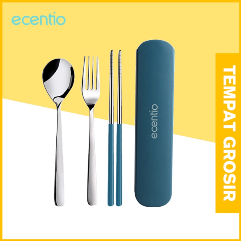 ecentio 3pcs Sendok Makan Dengan Kotak Berbahan Stainless Steel Sumpit Sendok Grapu Set