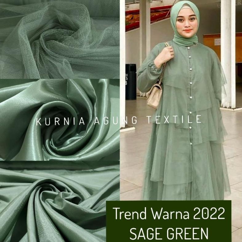 Stok terbaru  Kain Warna Sage Green Polos Soft Tile Satin Organza Furing Meteran Polos Bahan Gamis W