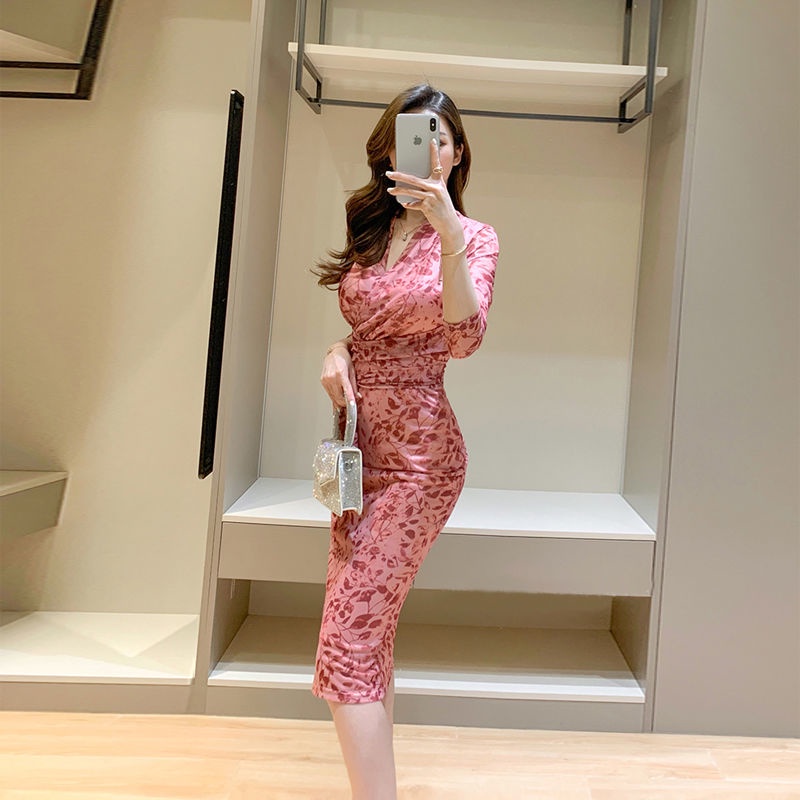 Gaun Merah Muda2023Dress Midi Ketat, Gaun Jala Lengan Panjang Slim-Fit Musim Semi