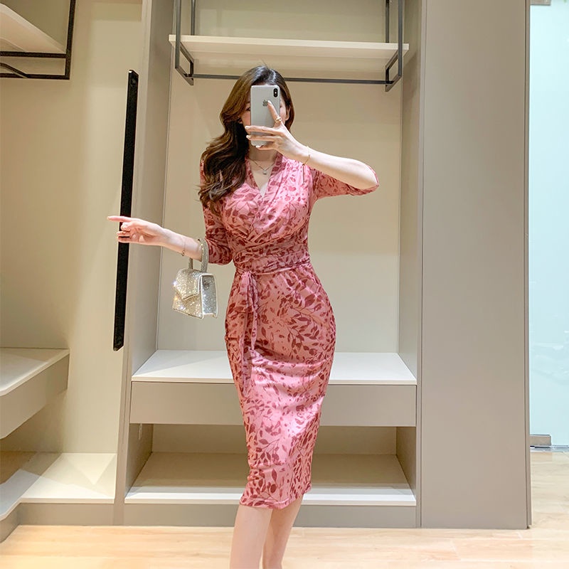 Gaun Merah Muda2023Dress Midi Ketat, Gaun Jala Lengan Panjang Slim-Fit Musim Semi