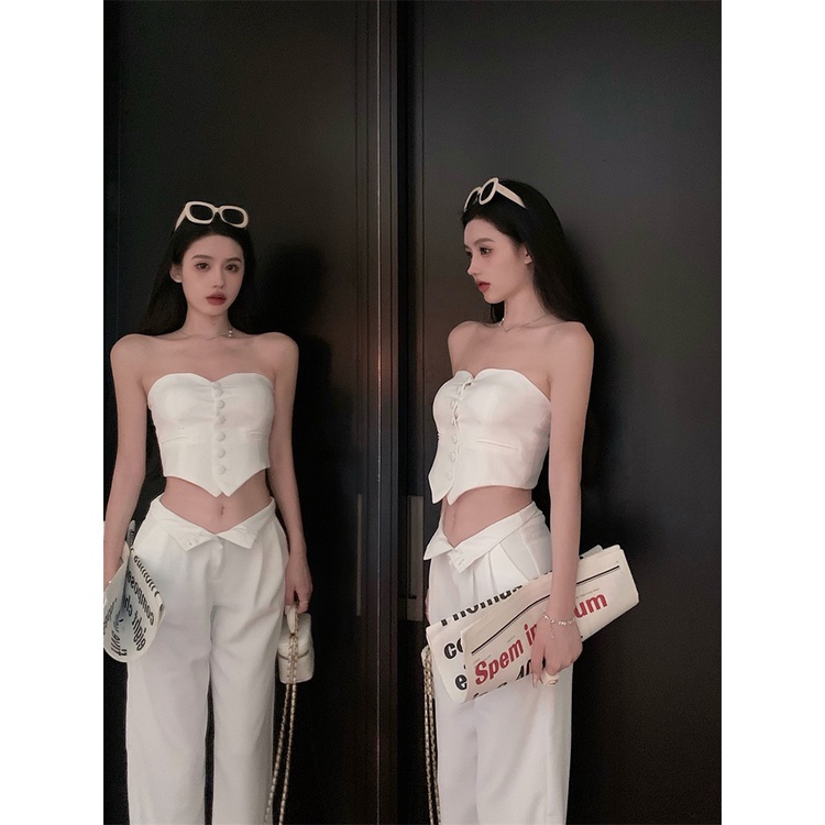 ﹉☫celana wanita impor pure desire style white tube top small vest women s summer hot girl one-shoulder bottoming shirt sexy short top outerwear pants wanita celana highwaist