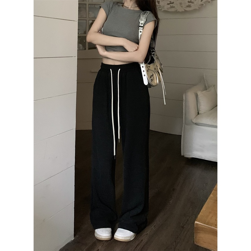 ☑┇celana wanita import pinggang elastis drape lurus kasual celana wanita musim panas hitam pinggang tinggi longgar all-match olahraga kecil lebar kaki celana celana wanita celana highwaist