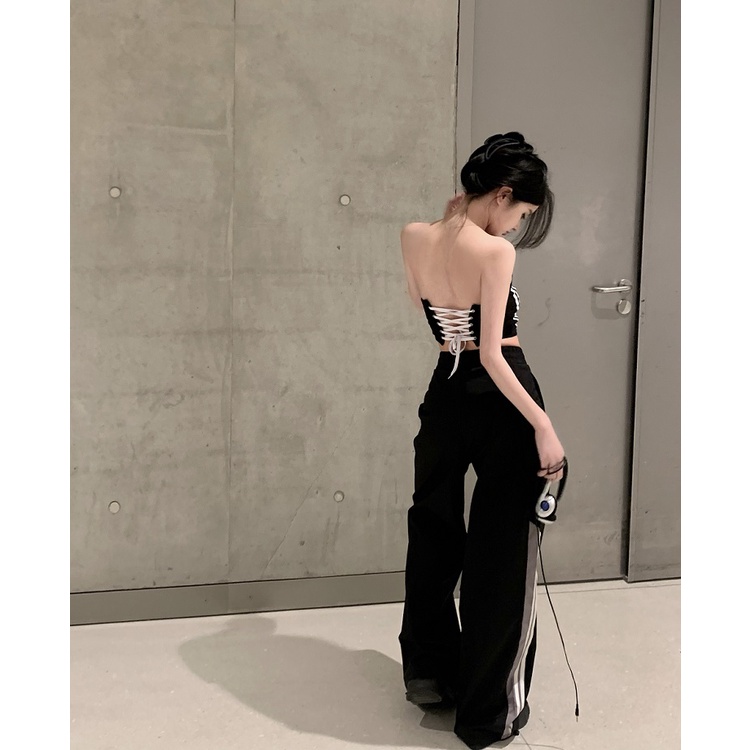 ♙celana wanita impor babes dasi hitam tube top wanita murni keinginan seksi one-shoulder bungkus dada musim panas ketat tanpa lengan rompi pendek celana wanita celana highwaist