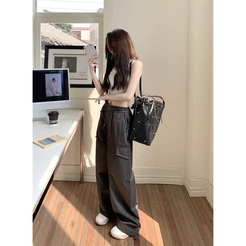 ☾❁❣celana wanita harga murah abu-abu pinggang elastis retro perkakas kasual celana wanita musim panas pinggang tinggi longgar rasa desain ceruk lebar kaki celana celana celana wanita celana pinggang tinggi