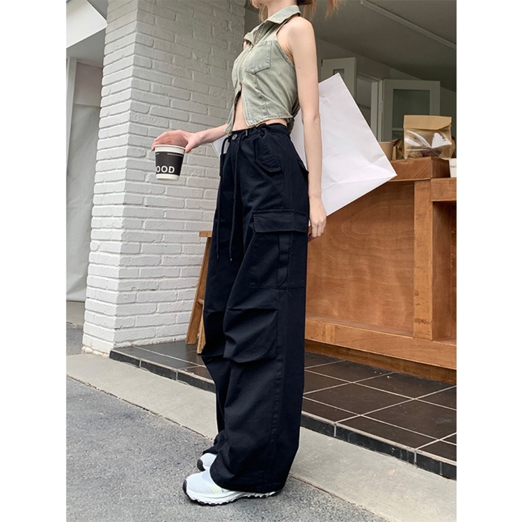 ♘✠celana wanita import pink Amerika overall wanita musim panas tinggi pinggang kasual celana lurus slim celana serut lebar kaki mengepel celana celana wanita celana highwaist