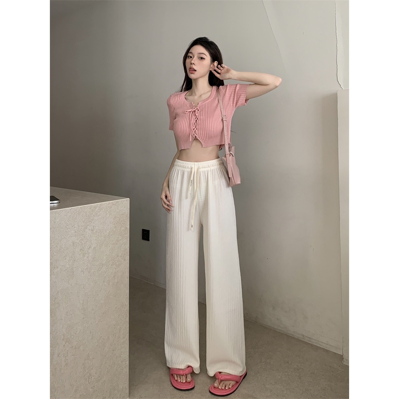 ஐ▽celana wanita import pink tinggi pinggang serut celana kasual wanita musim panas celana tipis lurus berkaki lebar slim temperamen drape mengepel celana celana wanita celana highwaist