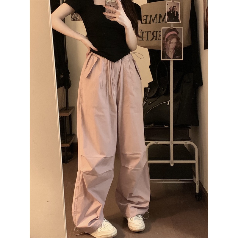 ☌celana wanita import American retro kargo kasual celana wanita musim panas high street pinggang elastis celana longgar pinggang tinggi lurus lebar kaki celana celana wanita celana highwaist