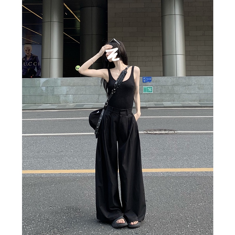 ஐ◎∋celana wanita impor setelan hitam celana wanita musim panas all-match longgar celana kasual pinggang tinggi slim kaki lebar kaki lurus mengepel drape celana wanita celana highwaist