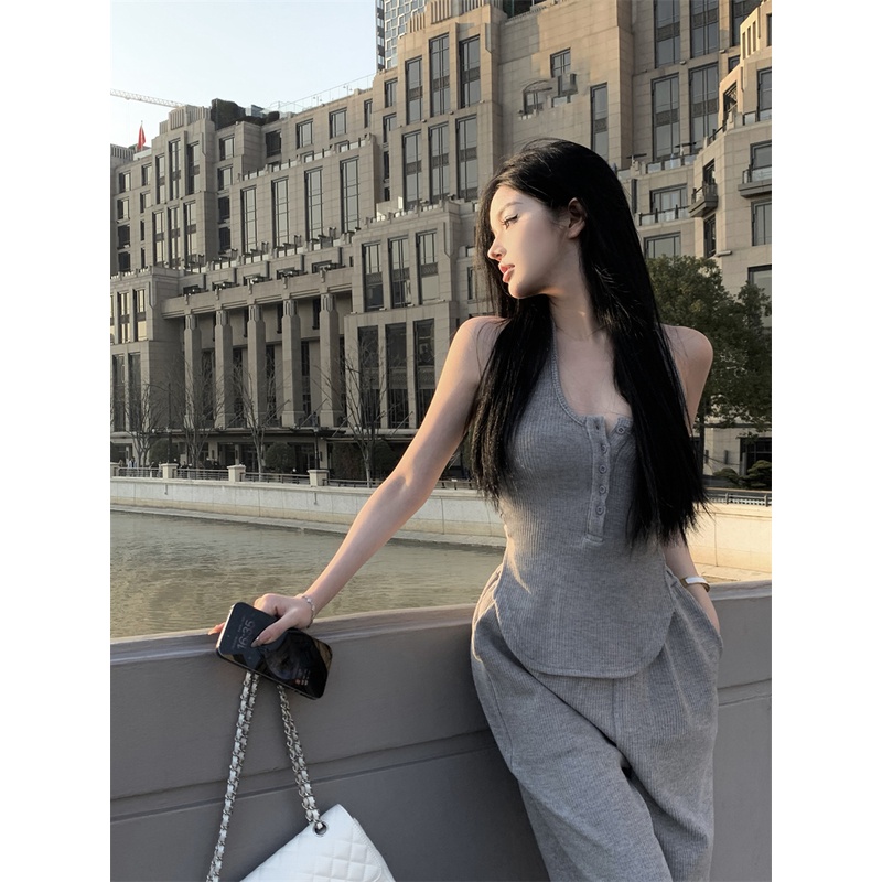 ✟celana wanita import grey beautiful back halter neck camisole women s clothing summer 2023 new open back sexy slim slim tops outer wear pants wanita celana highwaist