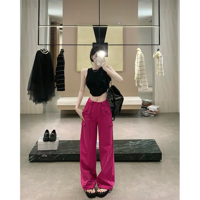 ❃♞celana wanita import mawar merah serut kasual celana wanita musim panas gaya amerika overall pinggang tinggi longgar lurus celana berkelompok celana lebar kaki celana celana wanita celana highwaist